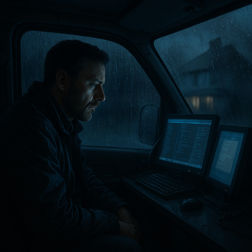 A cinematic digital illustration of a lone investigator sitting inside a dimly lit surveillance van at night. Blue and grey tones create a moody atmosphere as rain streaks down the window. The investigator’s face is softly illuminated by the glow of computer screens, while a blurred suburban house is visible through the wet glass outside, evoking tension, focus, and moral reflection