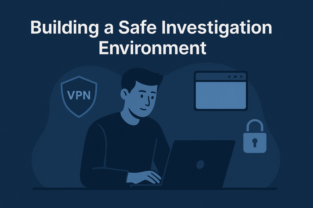 Dark blue digital illustration showing a person using a virtual machine with layered icons for VPN, browser security, and privacy protection.