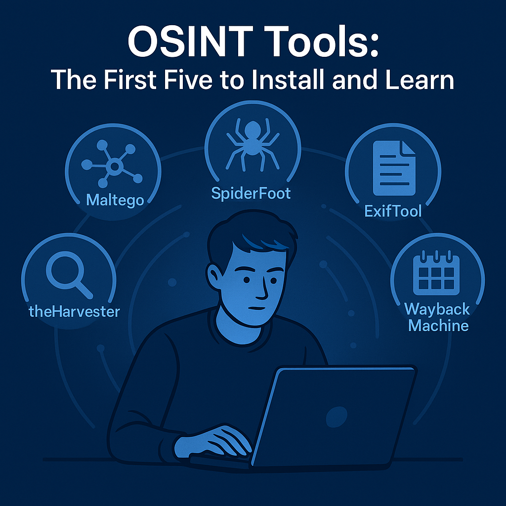 Dark blue digital illustration of a researcher using a laptop surrounded by icons of five OSINT tools symbolizing data analysis, visualization, and investigation